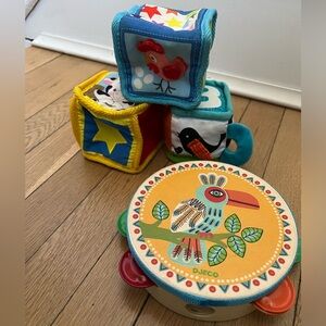 Colorful Plush Animal Blocks and Wooden Tambourine